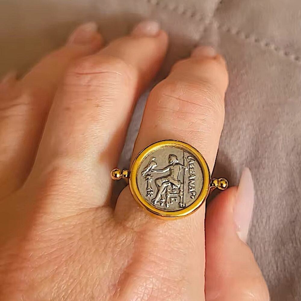 Gold Greek Roman Signet Ring Flip Zeus Hercules Unisex Double Sided Disc God…